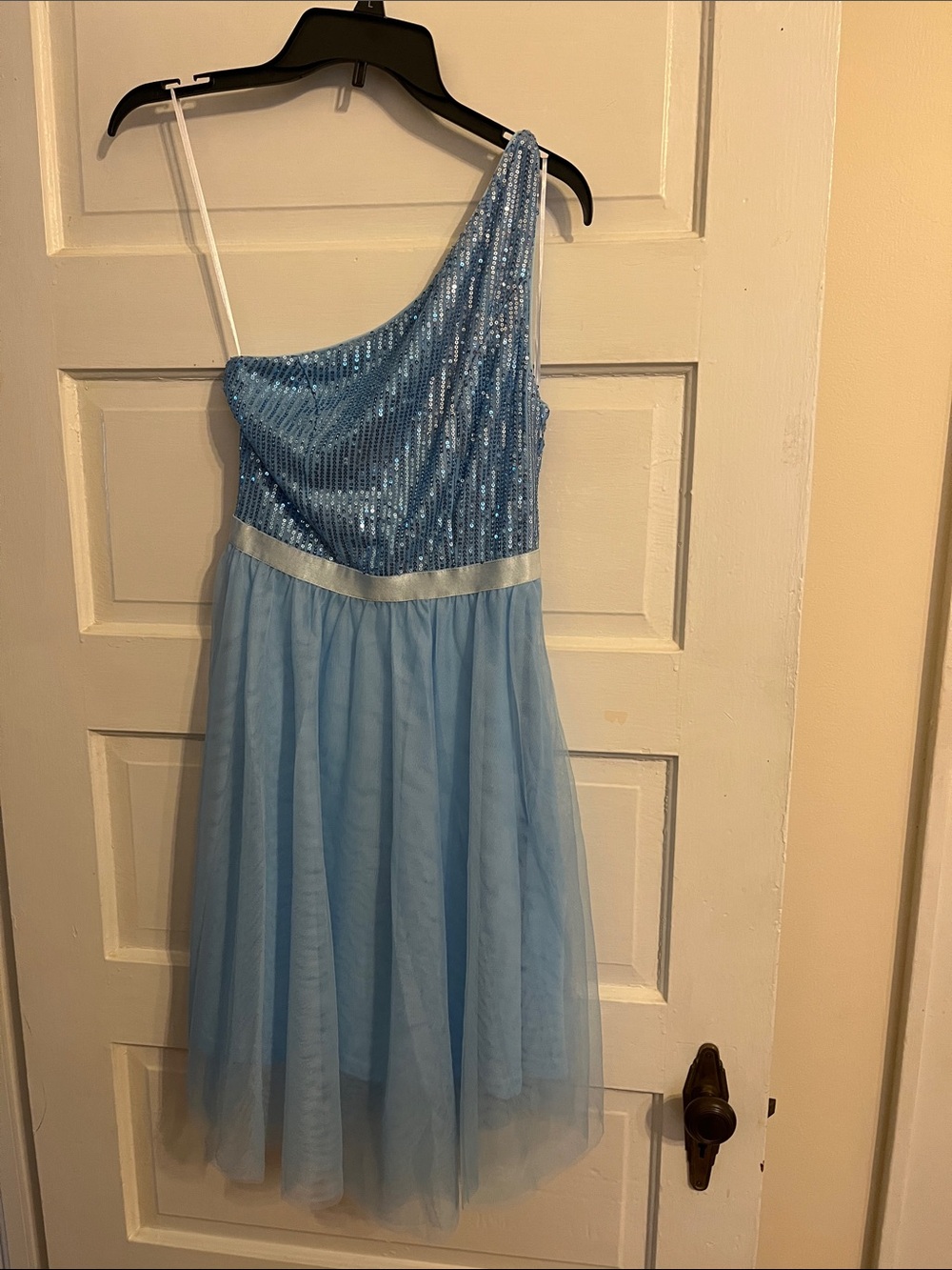One-Shoulder Light Blue Sequin Tulle Dress for Kids